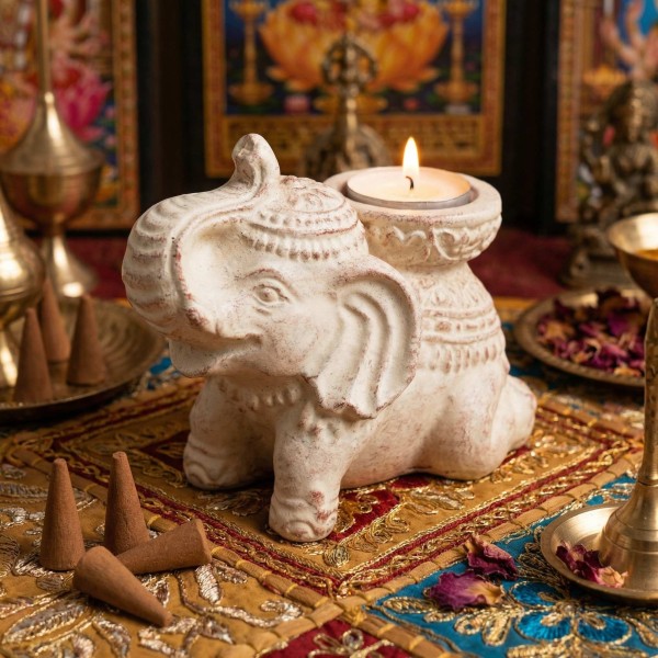 Porte-Encens Éléphant Béton Crème 14cm | Brûleur Encens et Bougie